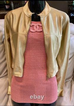 $4500 CHANEL Kylie Style VINTAGE Logo Jacket 36 38 40 4 6 8 Coat Metallic Gold M