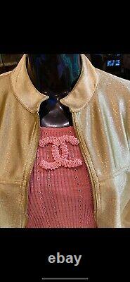 $4500 CHANEL Kylie Style VINTAGE Logo Jacket 36 38 40 4 6 8 Coat Metallic Gold M