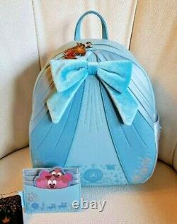 Disney Loungefly Cinderella Mini Backpack, Cardholder Mice Jaq Gus Blue Dress