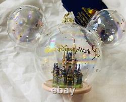 Disney World 50th Anniversary Mickey Ears Cinderella Castle Glass Ornament NEW