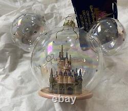 Disney World 50th Anniversary Mickey Ears Cinderella Castle Glass Ornament NEW