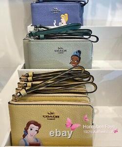 Disney X Coach Corner Zip Wristlet wallet With Cinderella/ Belle/ Tiana