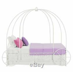 Girls Twin Bed Frame Canopy Carriage Metal Cinderella Princess Disney White Kid