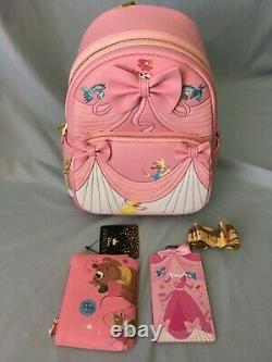 Loungefly Disney Cinderella Pink Dress Backpack Lanyard Gus Gus Coin Purse NWT