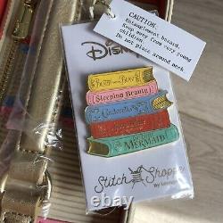 NWT Loungefly Stitch Shoppe Disney Princess Books Leather Handbag Purse with pin