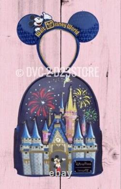 New Disney Parks Loungefly WDW Cinderella Castle Mickey Fireworks Backpack & Ear