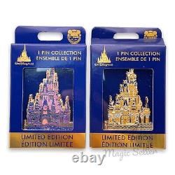 New WDW Set Of 2 50th Anniversary Jumbo Cinderella Castle Pins Gold & Pink LE