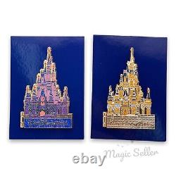 New WDW Set Of 2 50th Anniversary Jumbo Cinderella Castle Pins Gold & Pink LE